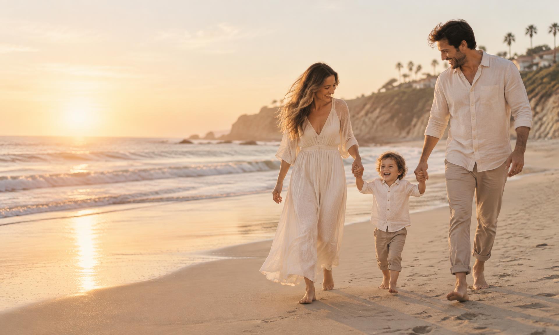 Family walking on a California beach at sunset