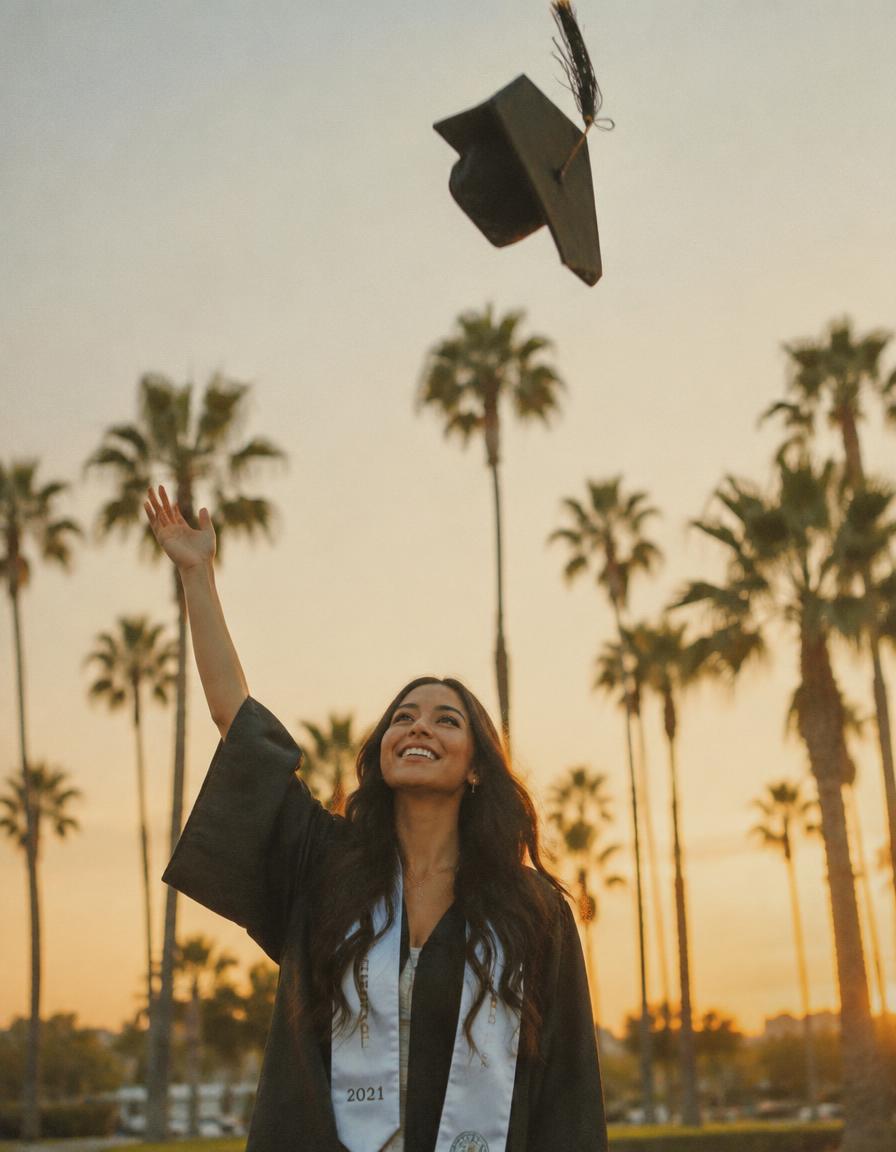 Graduate tossing cap under palm trees