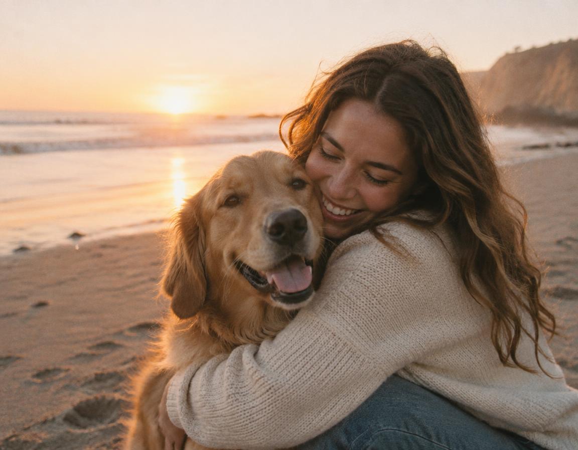 Woman hugging her golden retriever on the beach